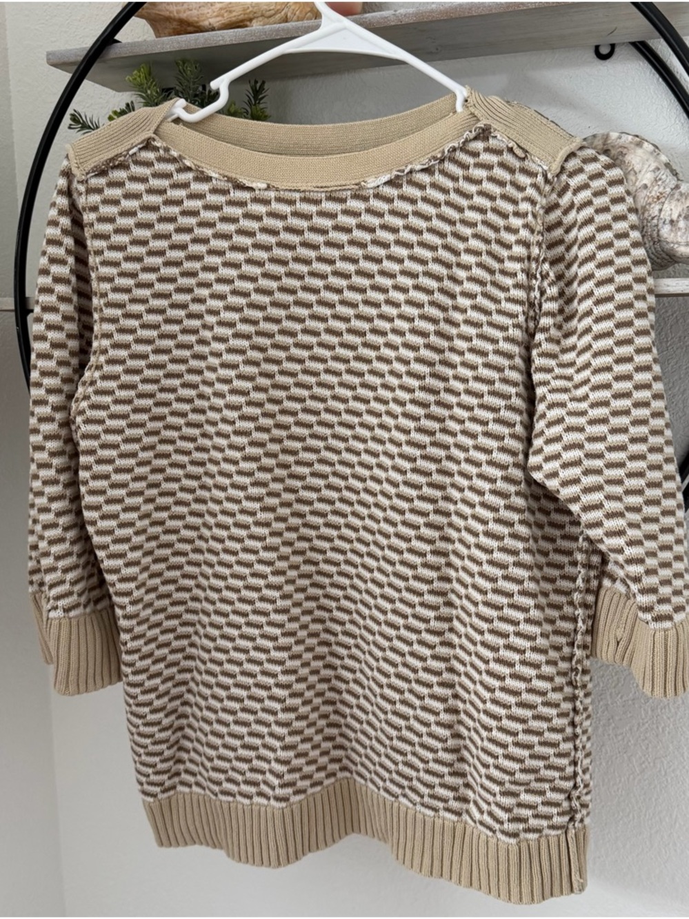 Beige Patterned Knit Sweater - Women's Casual Pullover